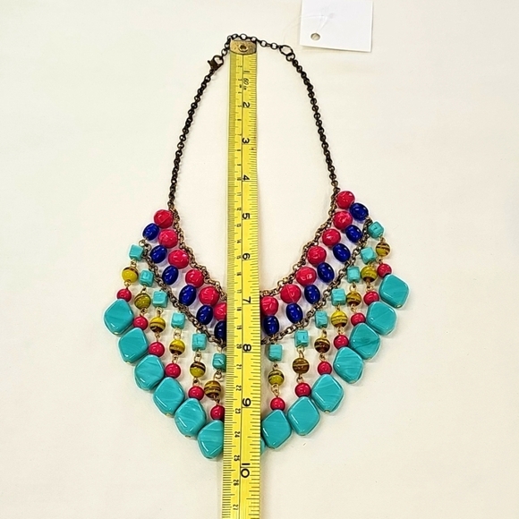 Colorful Beaded Statement Bib Necklace Turquoise Fushia Blue - Picture 4 of 4